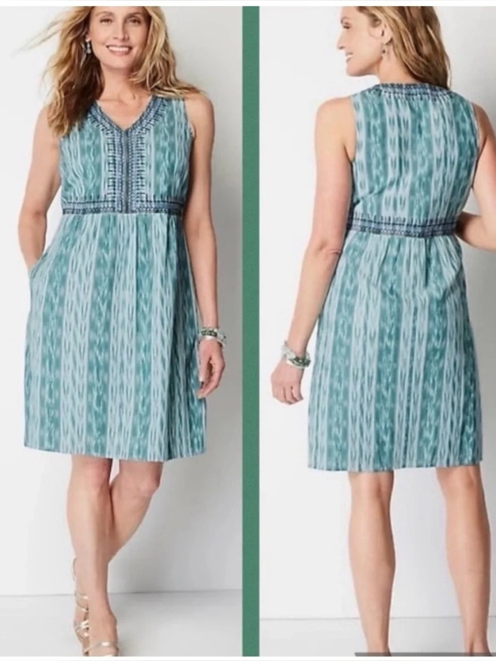 J. JILL Summer Casual Sleeveless V-Neck Embroidered Teal & White Print Dress LP